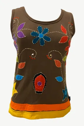 0033 RB Knit Sleeveless Wide Strap Embroidered Tank Top