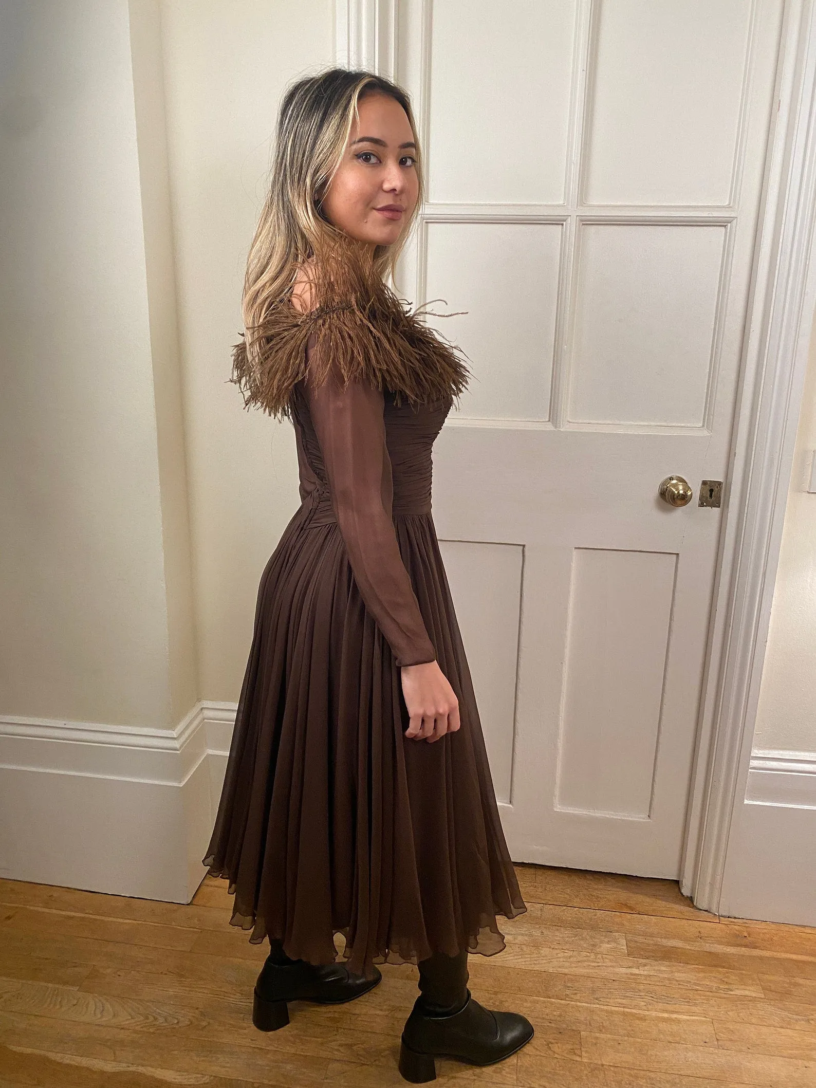 1950s Cardinal Brown Silk Chiffon and Feather Trim Dress