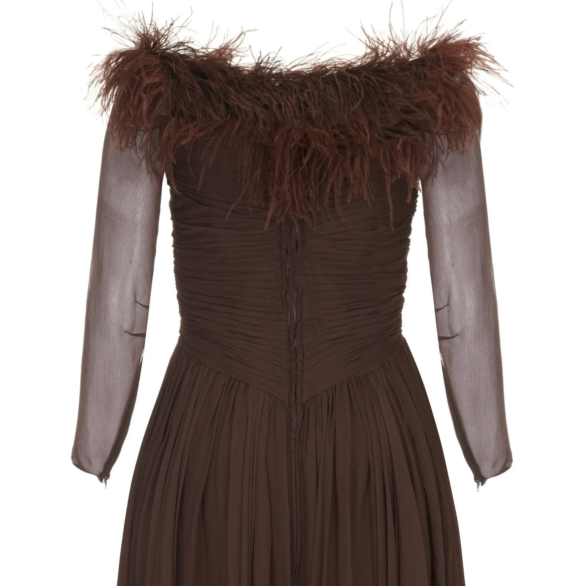 1950s Cardinal Brown Silk Chiffon and Feather Trim Dress