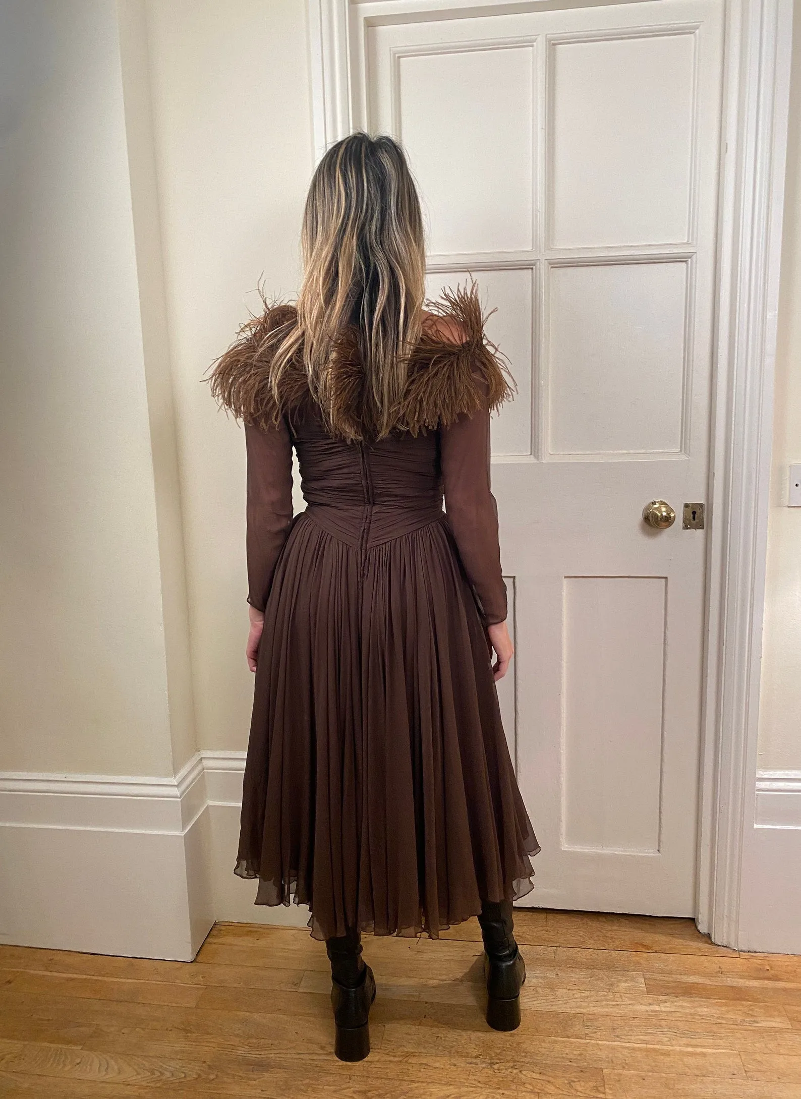 1950s Cardinal Brown Silk Chiffon and Feather Trim Dress