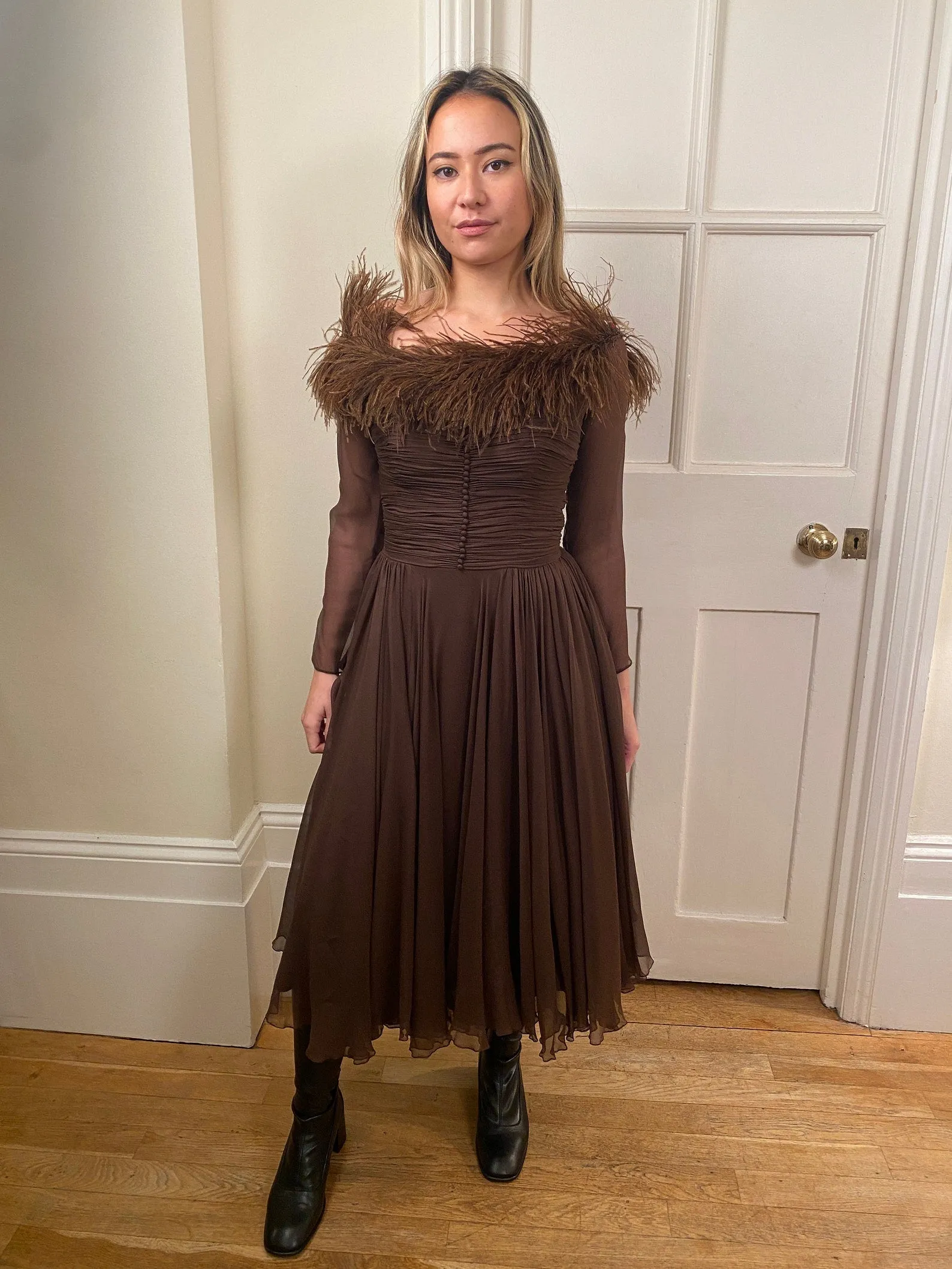 1950s Cardinal Brown Silk Chiffon and Feather Trim Dress