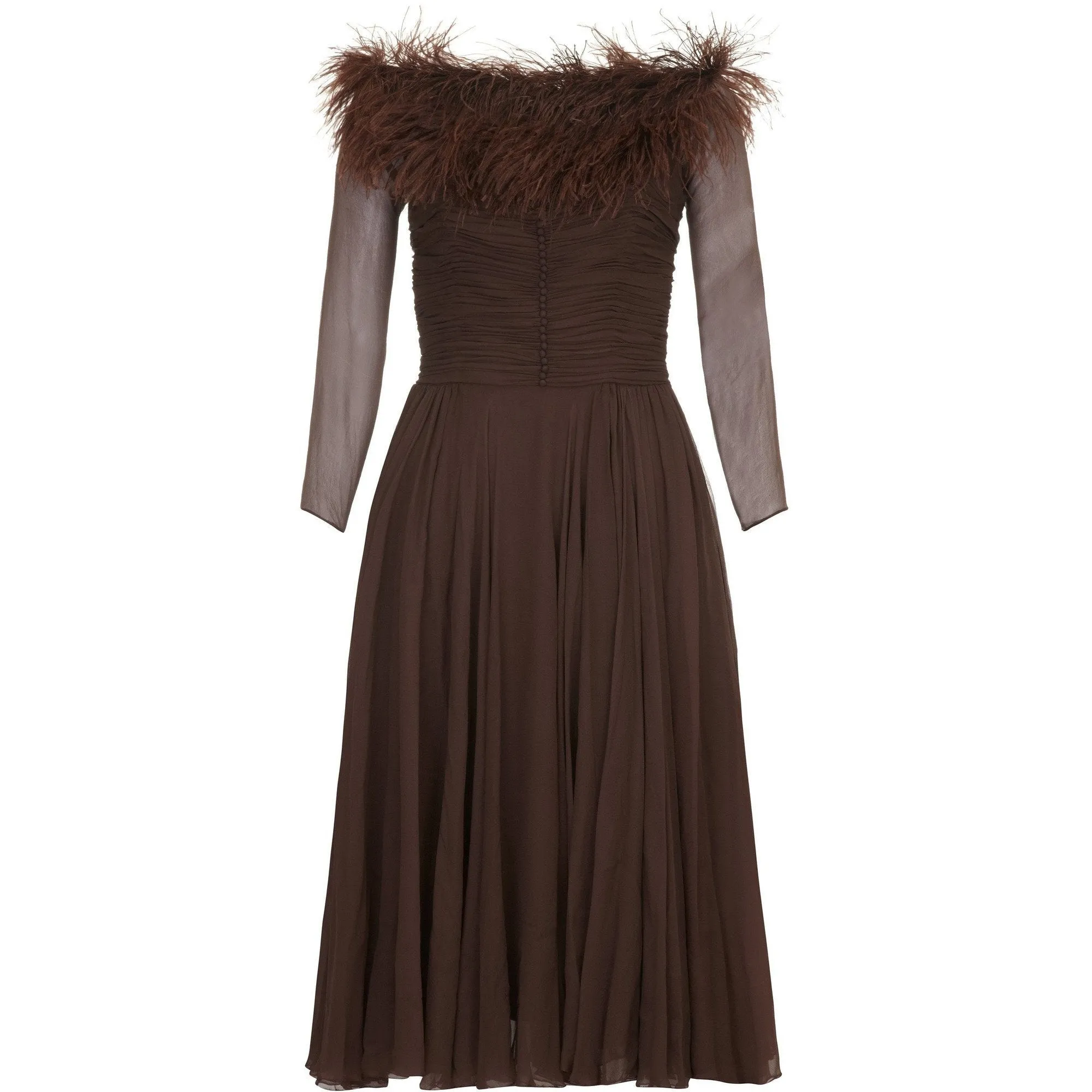 1950s Cardinal Brown Silk Chiffon and Feather Trim Dress