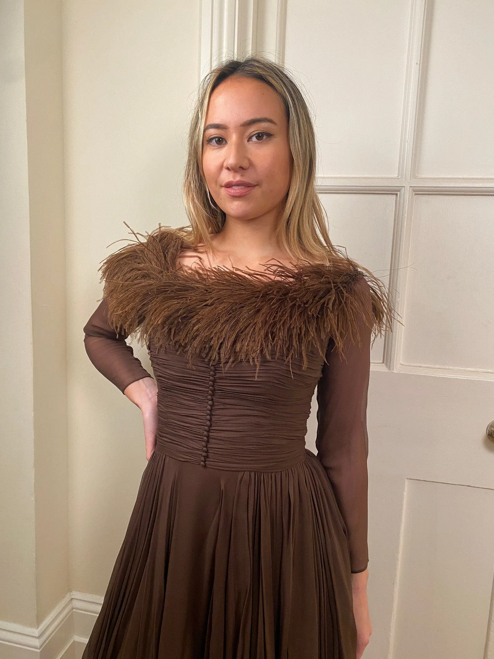 1950s Cardinal Brown Silk Chiffon and Feather Trim Dress