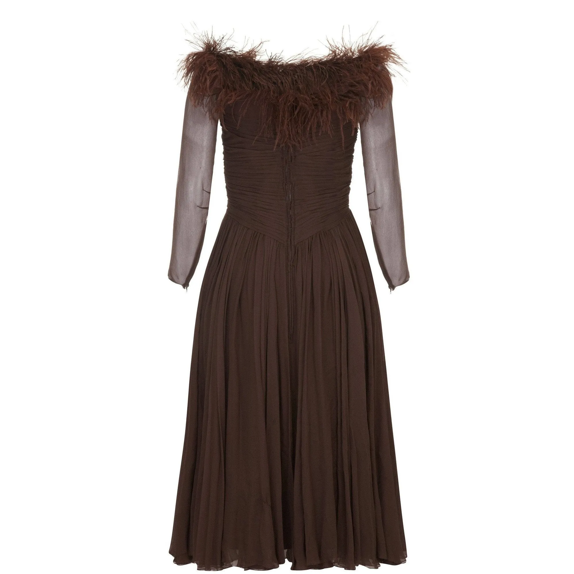 1950s Cardinal Brown Silk Chiffon and Feather Trim Dress