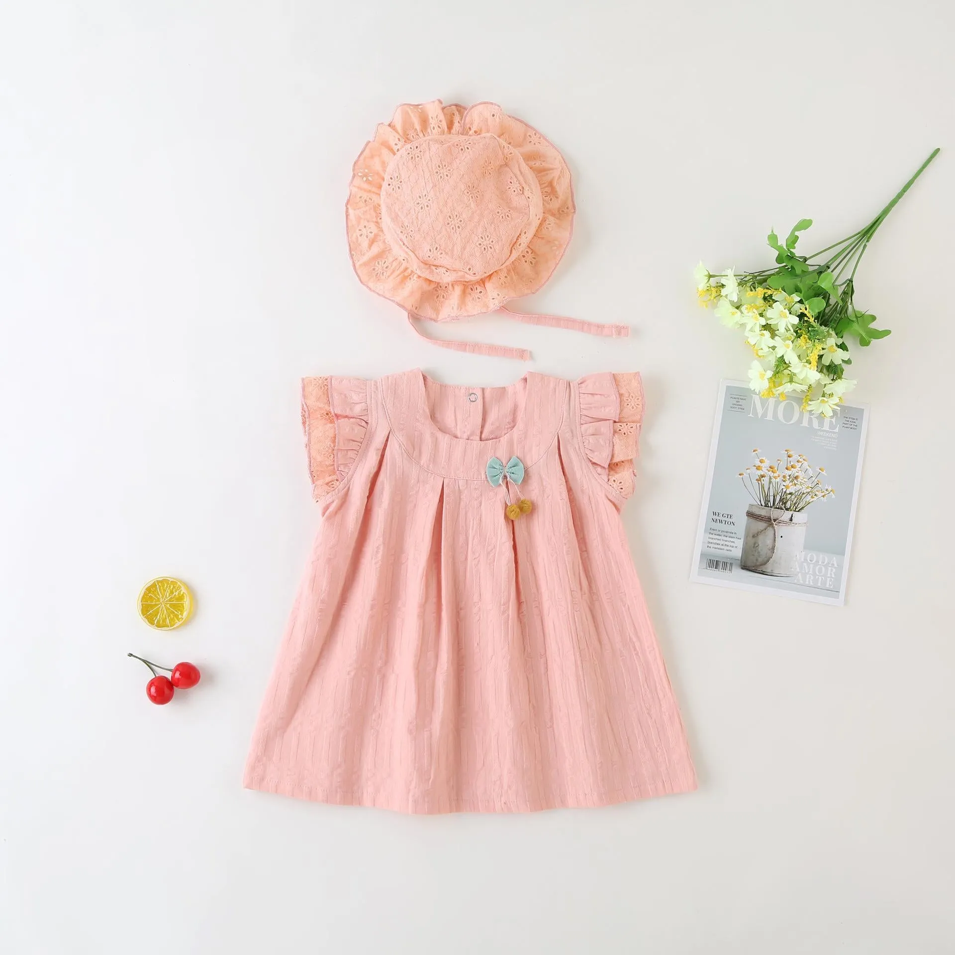 2-15M Kid Fashion Ready Stock Girls Outfits Sleeveless Solid Color Summer Dress With Hat 2Pcs Clothes Set Catpapa  ZX-ZB001