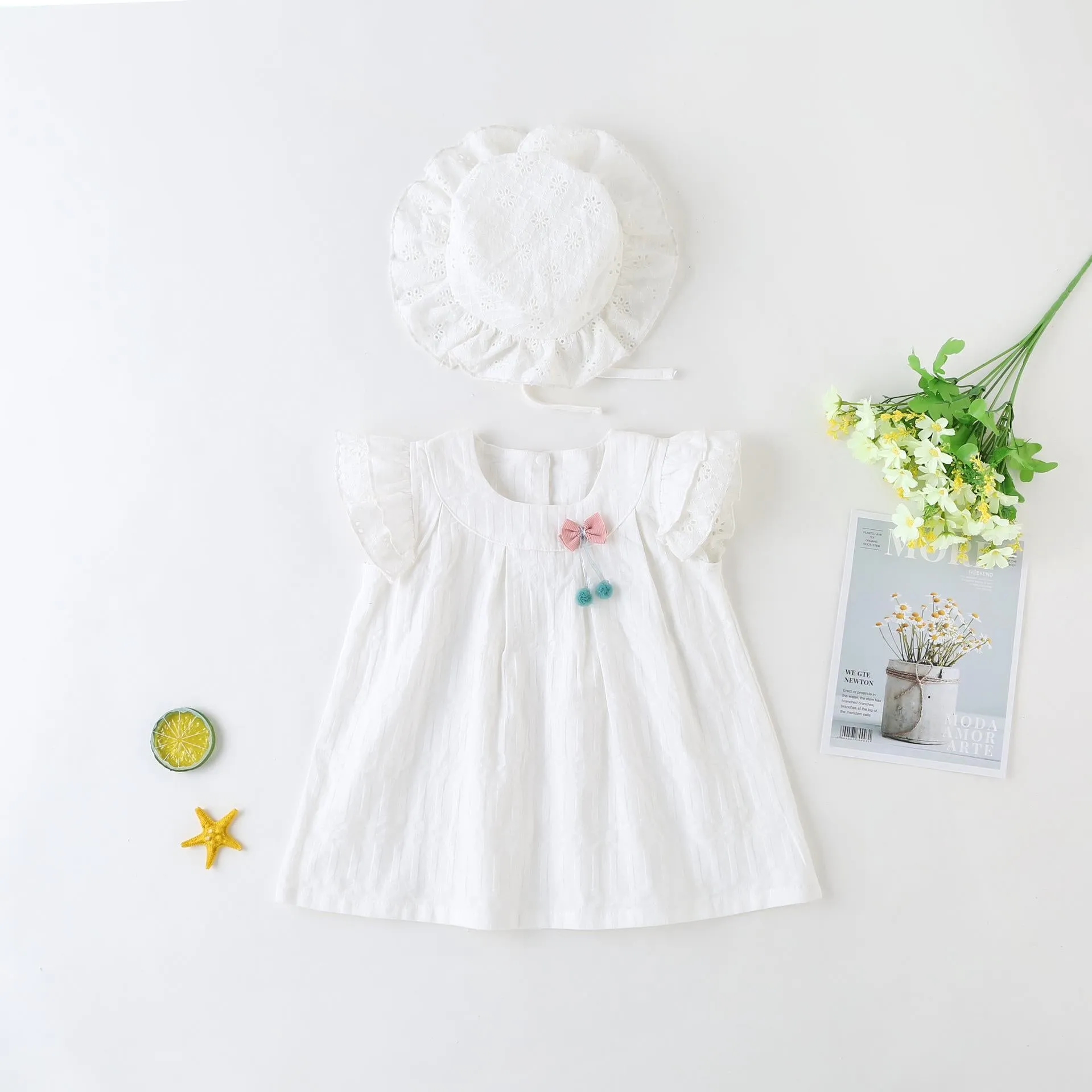 2-15M Kid Fashion Ready Stock Girls Outfits Sleeveless Solid Color Summer Dress With Hat 2Pcs Clothes Set Catpapa  ZX-ZB001