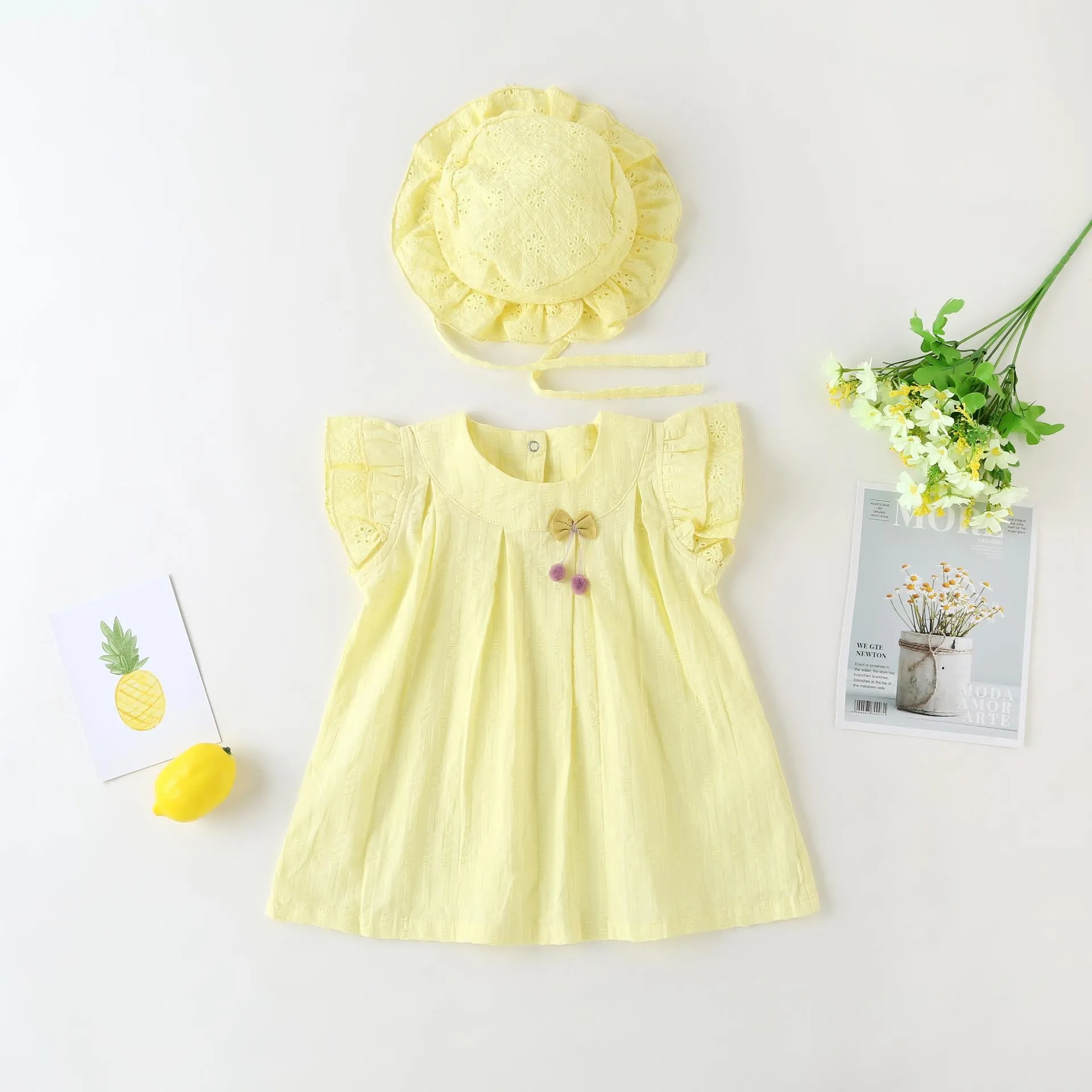 2-15M Kid Fashion Ready Stock Girls Outfits Sleeveless Solid Color Summer Dress With Hat 2Pcs Clothes Set Catpapa  ZX-ZB001