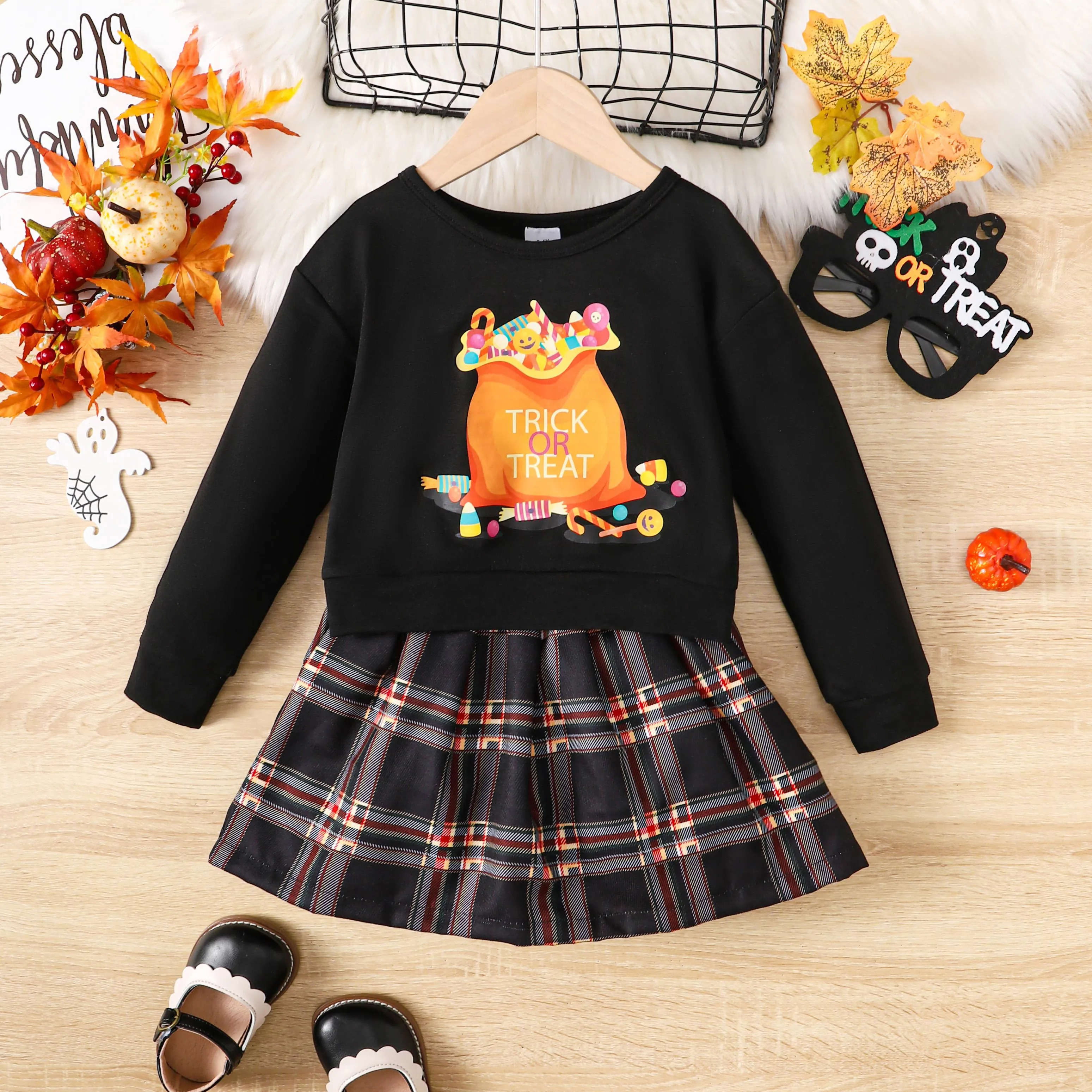 3-8Y Kids Girls Halloween Outfits Skirt Sets "TRICK OR TREAT"  Candy Print Long Sleeve Tops Plaid Pleated Skirts 2Pcs Clothing Black Catpapa 462307158
