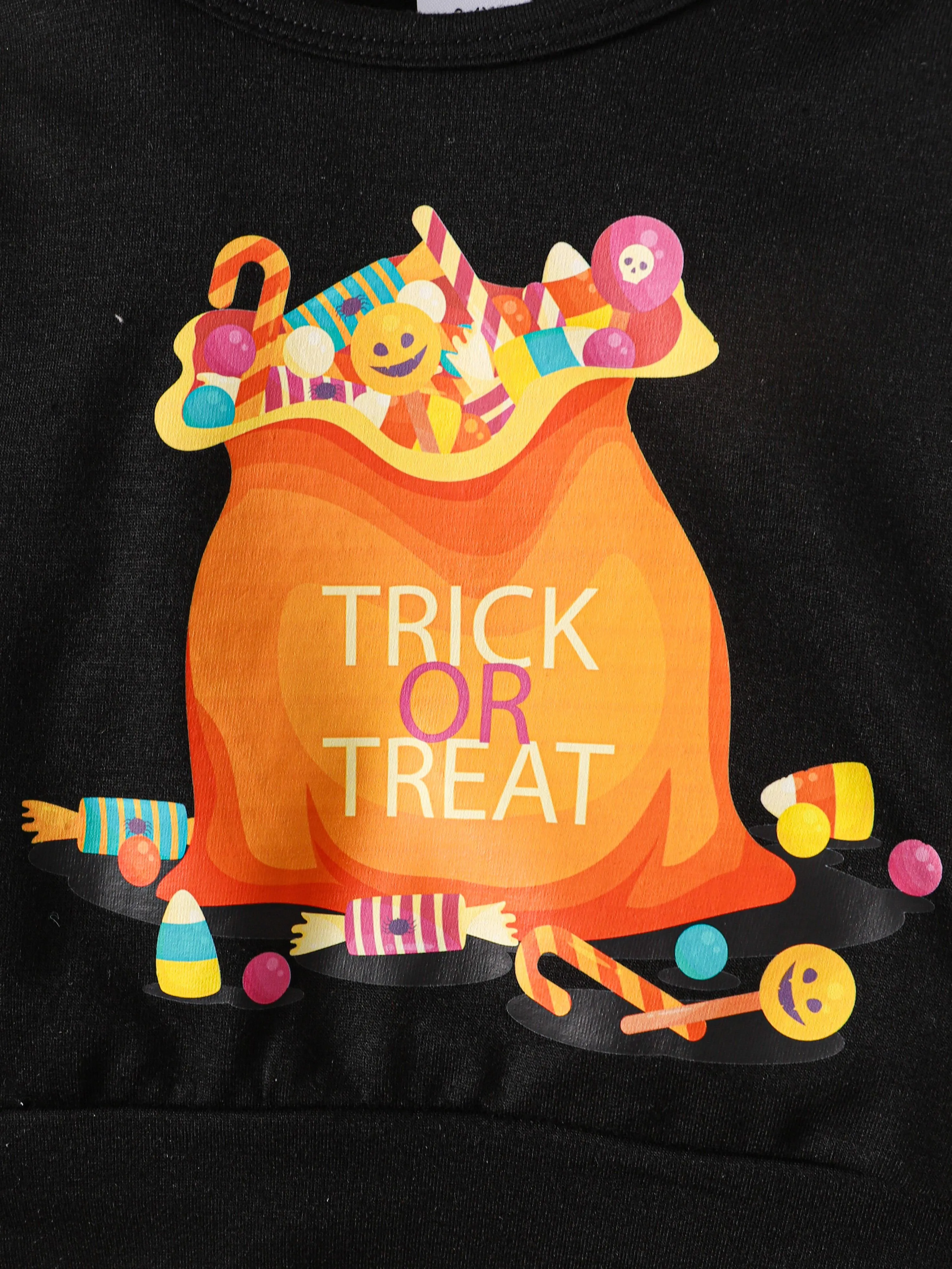 3-8Y Kids Girls Halloween Outfits Skirt Sets "TRICK OR TREAT"  Candy Print Long Sleeve Tops Plaid Pleated Skirts 2Pcs Clothing Black Catpapa 462307158