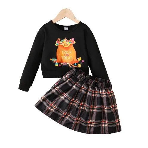 3-8Y Kids Girls Halloween Outfits Skirt Sets "TRICK OR TREAT"  Candy Print Long Sleeve Tops Plaid Pleated Skirts 2Pcs Clothing Black Catpapa 462307158