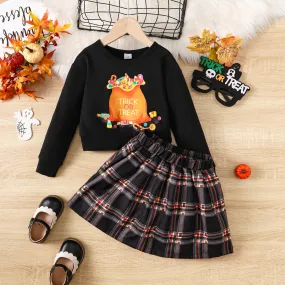 3-8Y Kids Girls Halloween Outfits Skirt Sets "TRICK OR TREAT"  Candy Print Long Sleeve Tops Plaid Pleated Skirts 2Pcs Clothing Black Catpapa 462307158