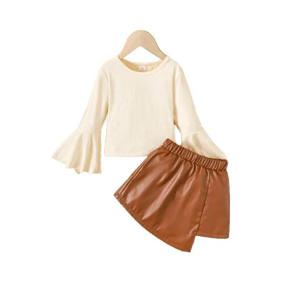 3-8Y Kids Toddler Girls Skirts Sets Flared Long Sleeve Solid Color PU Skirts 2Pcs Spring Autumn Clothing From 5Y-14Y White Catpapa 462308160