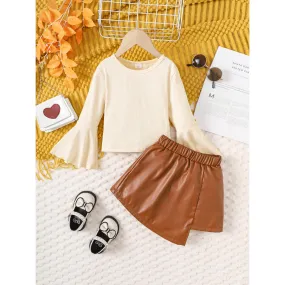 3-8Y Kids Toddler Girls Skirts Sets Flared Long Sleeve Solid Color PU Skirts 2Pcs Spring Autumn Clothing From 5Y-14Y White Catpapa 462308160