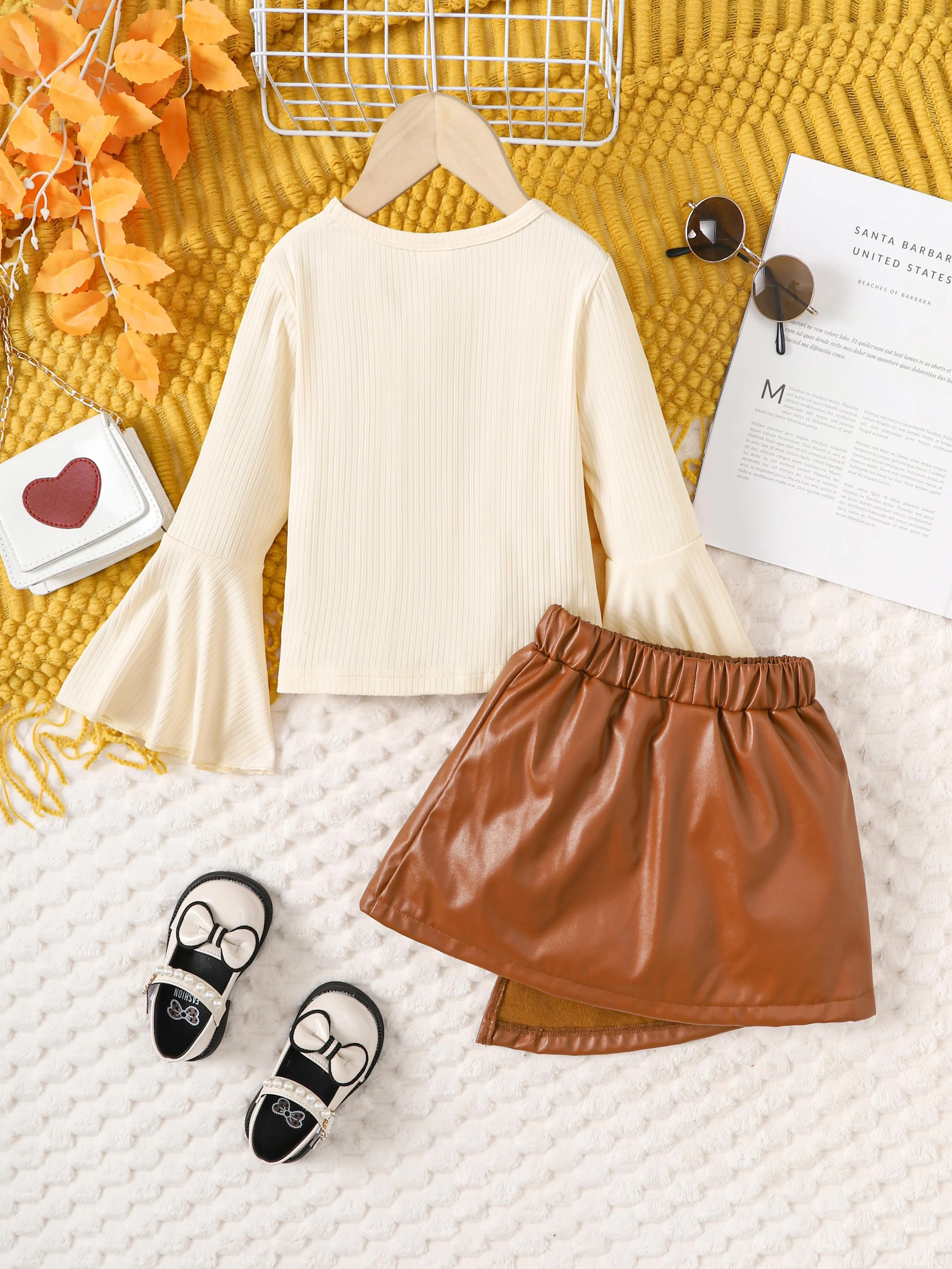 3-8Y Kids Toddler Girls Skirts Sets Flared Long Sleeve Solid Color PU Skirts 2Pcs Spring Autumn Clothing From 5Y-14Y White Catpapa 462308160