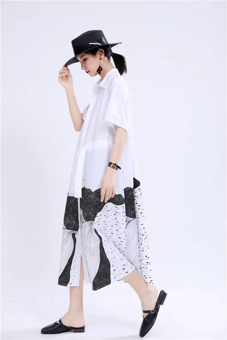 Abstract printed mid-length loose-fitting dress