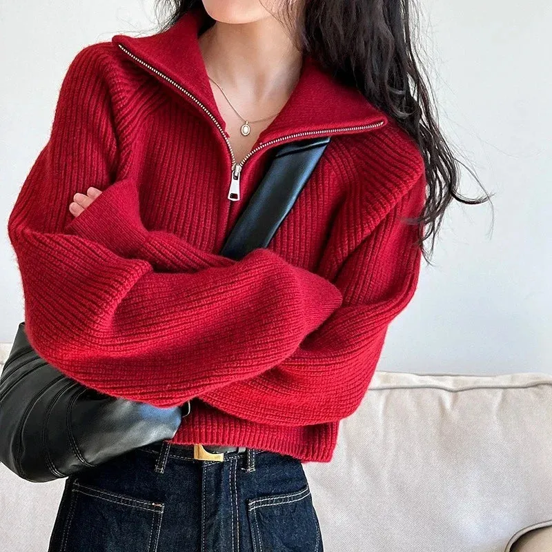 Aiertu Autumn Winter Zipper Sweaters Women Solid Color High Neck Knitted Pullover Solid Red Loose Turndown Collar Women's Turtleneck