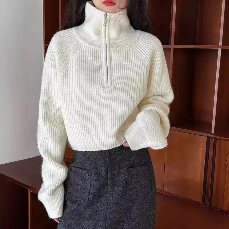 Aiertu Autumn Winter Zipper Sweaters Women Solid Color High Neck Knitted Pullover Solid Red Loose Turndown Collar Women's Turtleneck