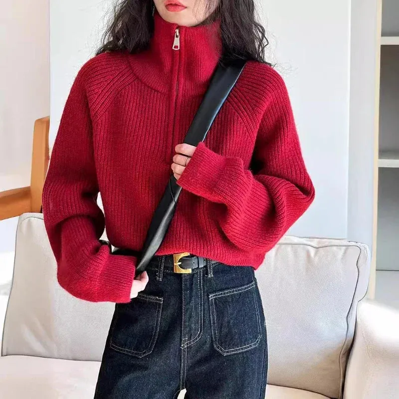 Aiertu Autumn Winter Zipper Sweaters Women Solid Color High Neck Knitted Pullover Solid Red Loose Turndown Collar Women's Turtleneck