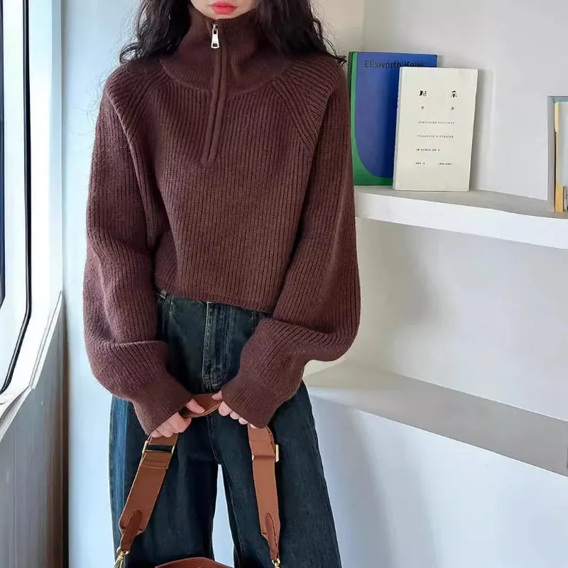 Aiertu Autumn Winter Zipper Sweaters Women Solid Color High Neck Knitted Pullover Solid Red Loose Turndown Collar Women's Turtleneck