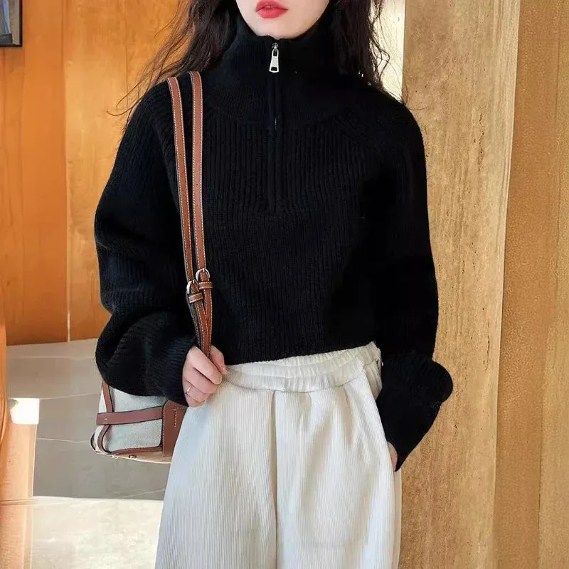 Aiertu Autumn Winter Zipper Sweaters Women Solid Color High Neck Knitted Pullover Solid Red Loose Turndown Collar Women's Turtleneck
