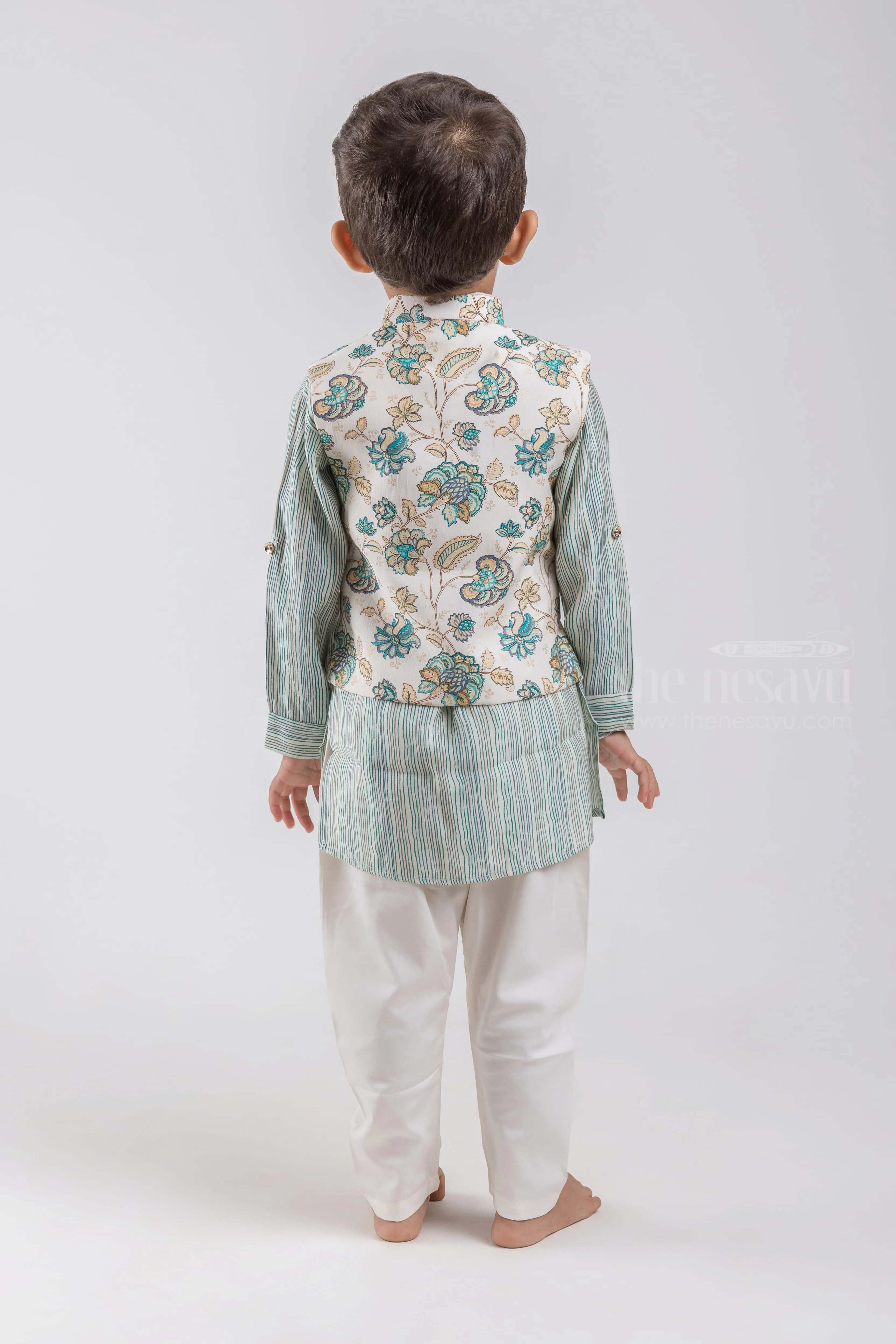 All Over Stripes Printed Green Kurta with White Pant and Floral Printed Overcoat For Boys