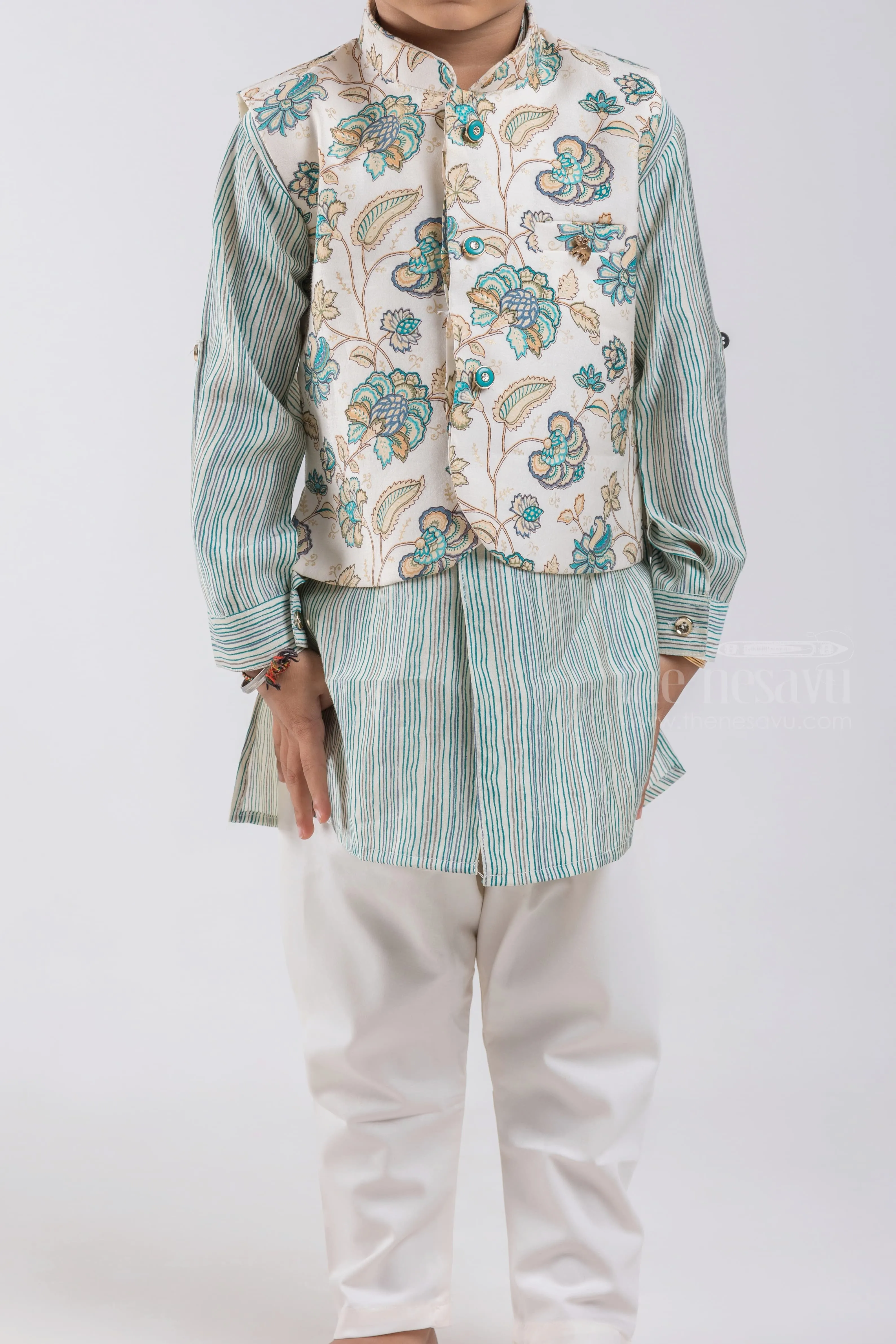 All Over Stripes Printed Green Kurta with White Pant and Floral Printed Overcoat For Boys