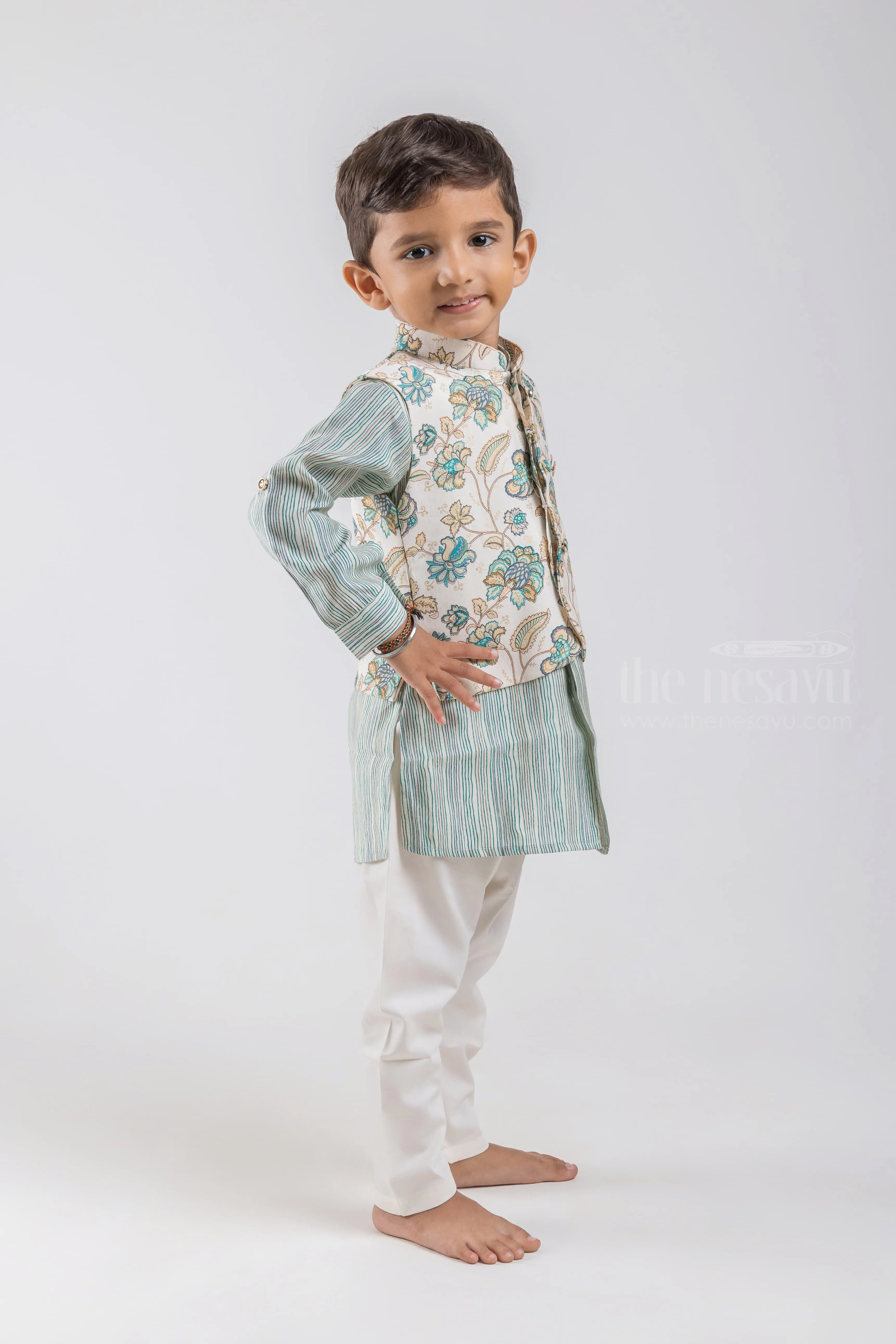 All Over Stripes Printed Green Kurta with White Pant and Floral Printed Overcoat For Boys