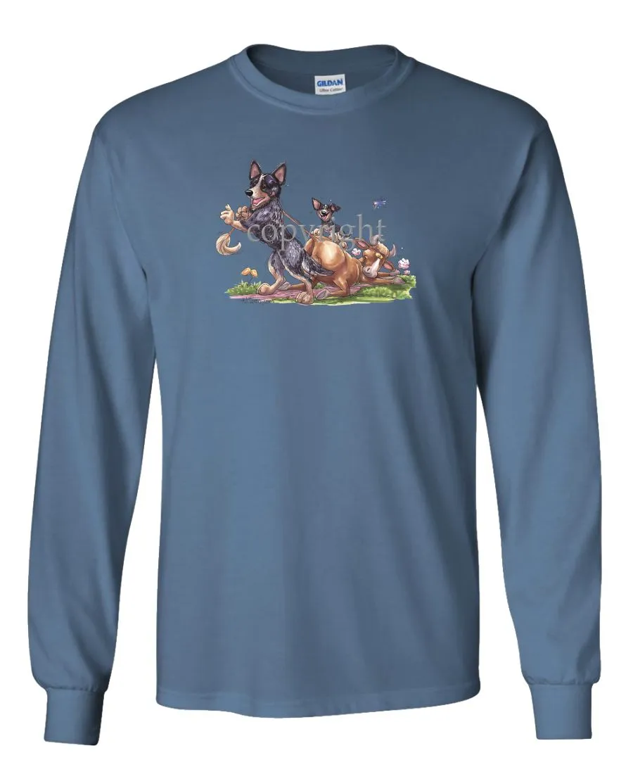 Australian Cattle Dog - Pulling Cow By Tail - Caricature - Long Sleeve T-Shirt