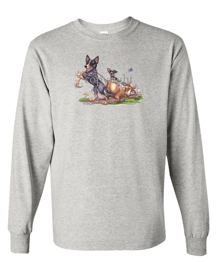 Australian Cattle Dog - Pulling Cow By Tail - Caricature - Long Sleeve T-Shirt