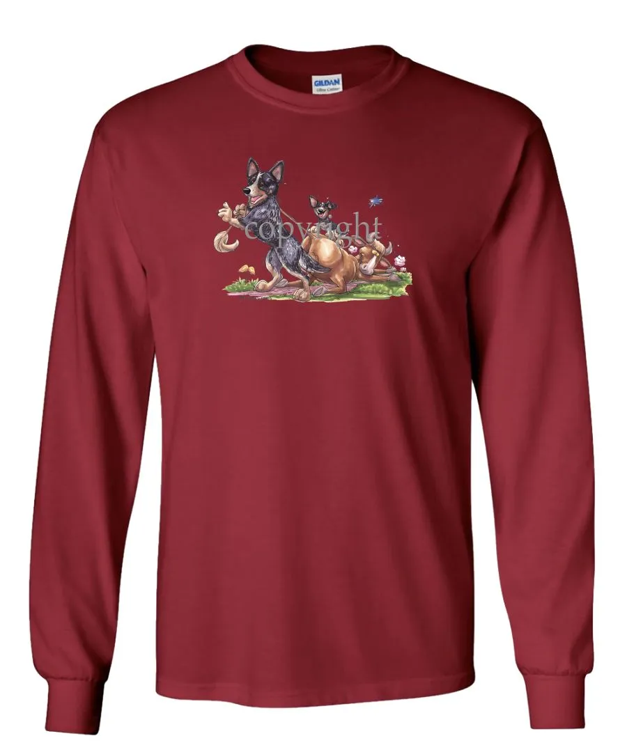 Australian Cattle Dog - Pulling Cow By Tail - Caricature - Long Sleeve T-Shirt