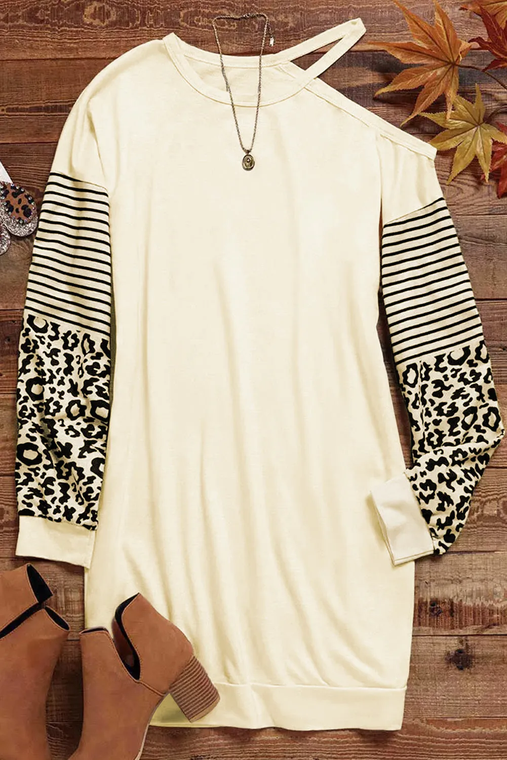 Beige Leopard Striped Cut Out Mini Dress