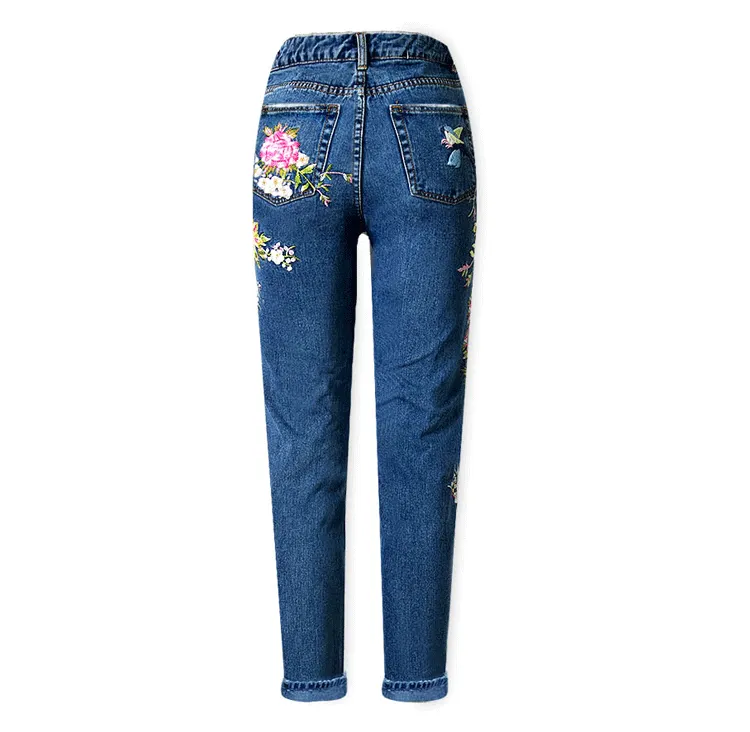 Bird Flower Front and Back Embroidery Jeans