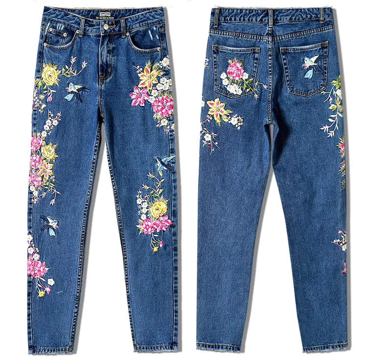 Bird Flower Front and Back Embroidery Jeans