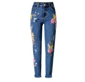 Bird Flower Front and Back Embroidery Jeans