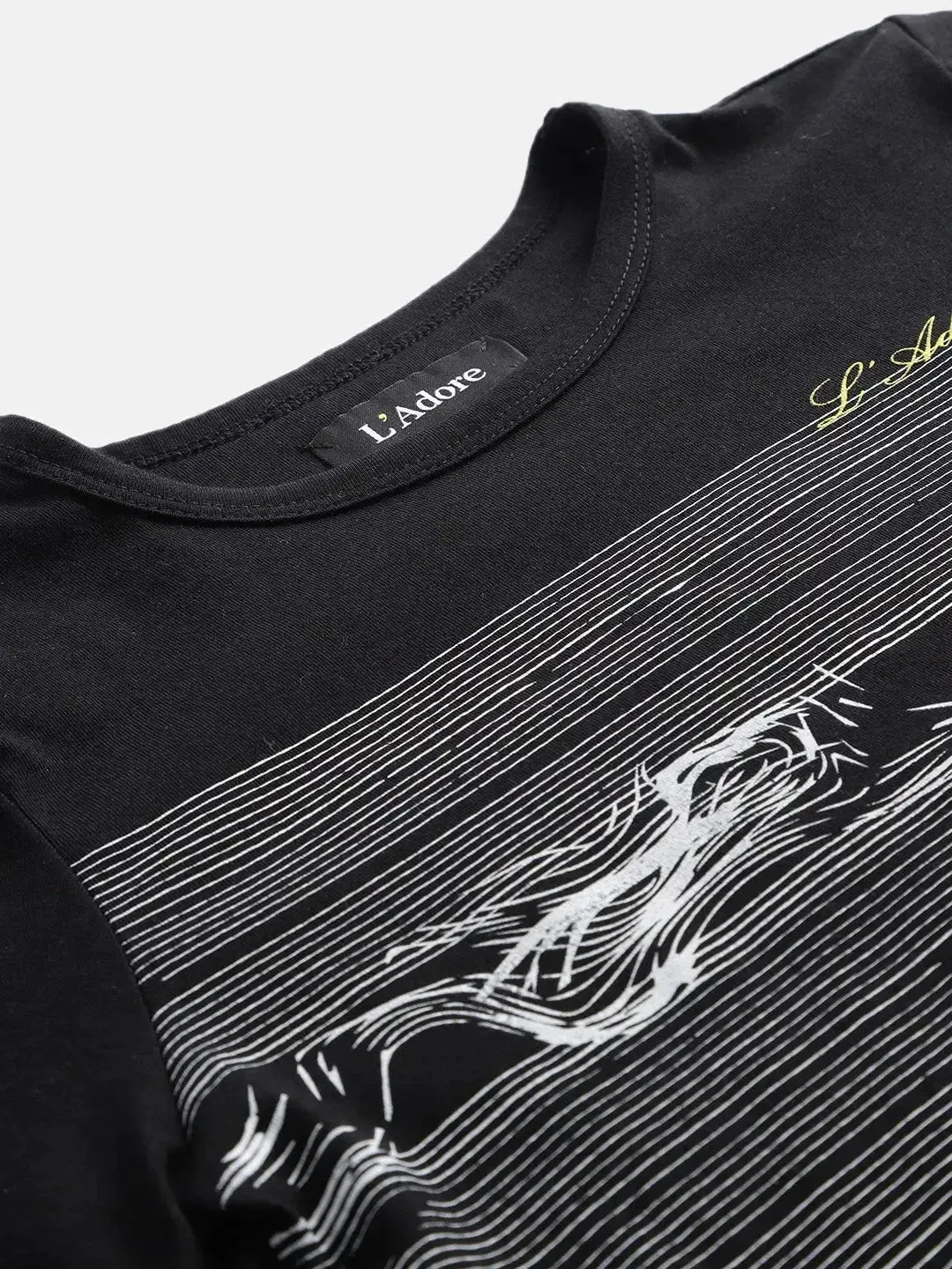 Black Printed Round Neck Cotton T-shirt