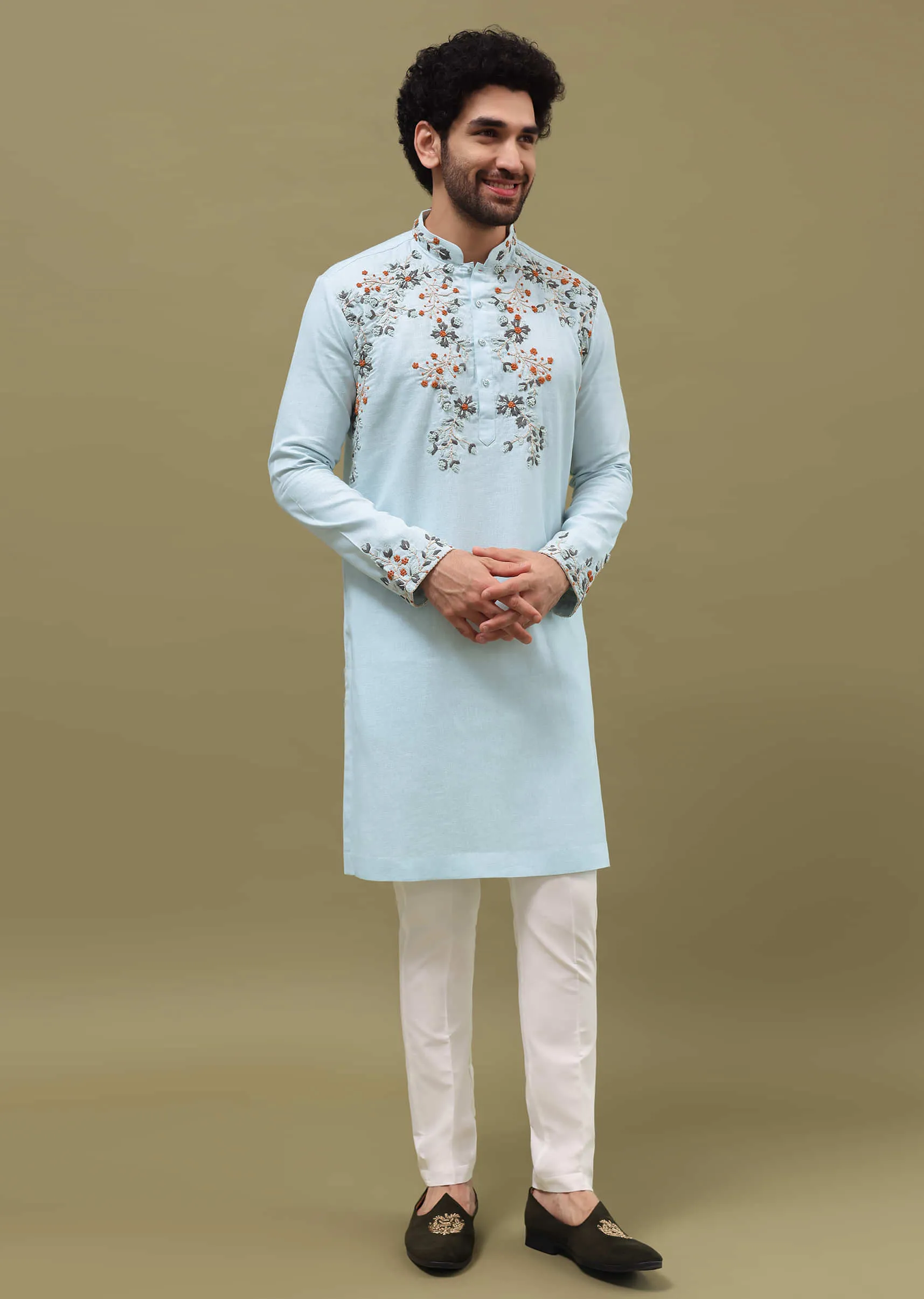 Blue Bud Embroidered Linen Kurta Set For Men