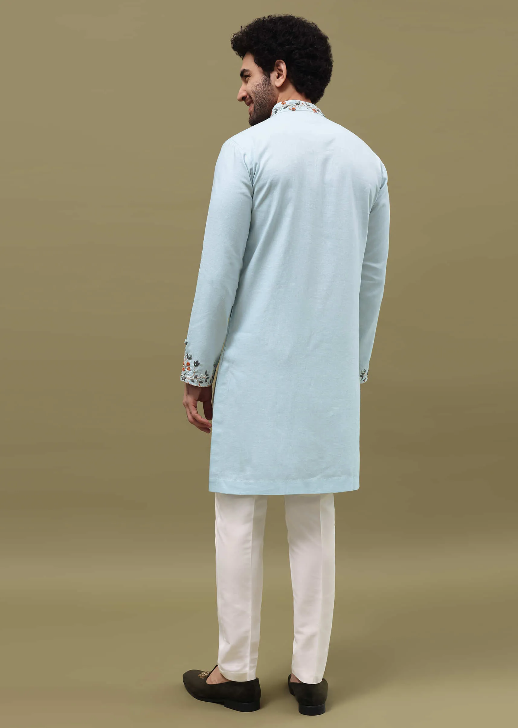 Blue Bud Embroidered Linen Kurta Set For Men