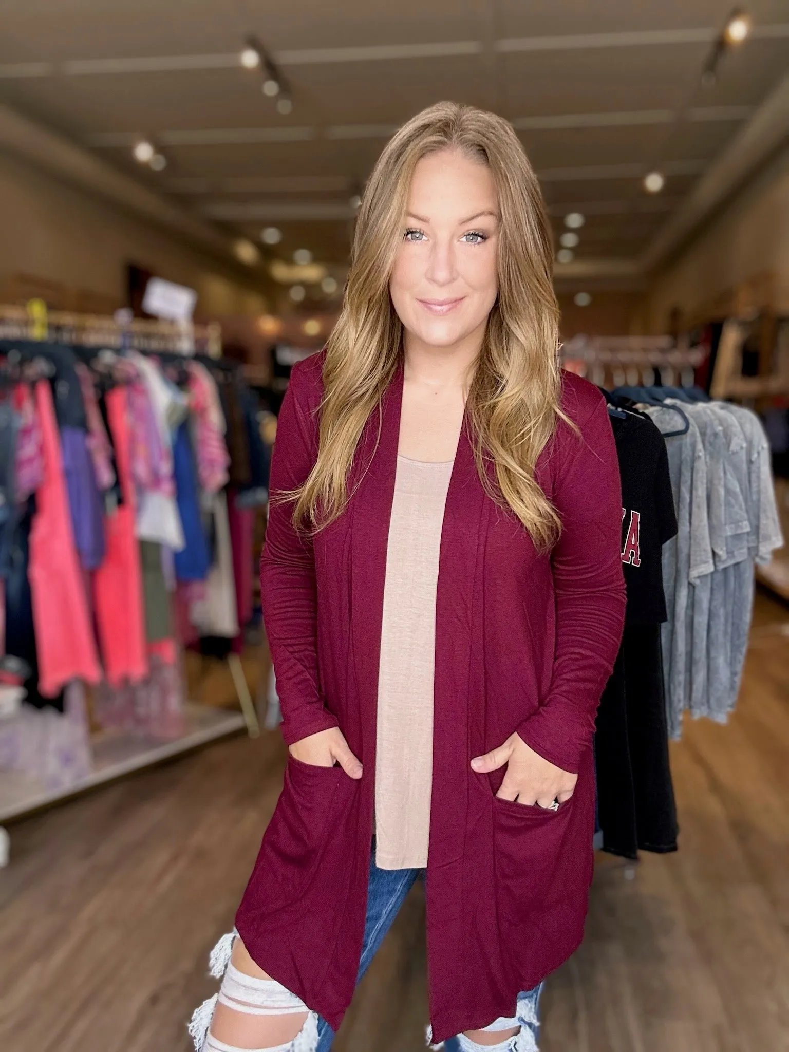 Burgundy Pocket Open Cardigan