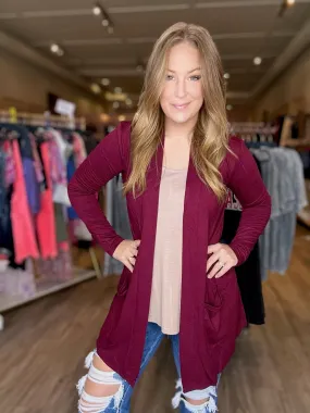 Burgundy Pocket Open Cardigan