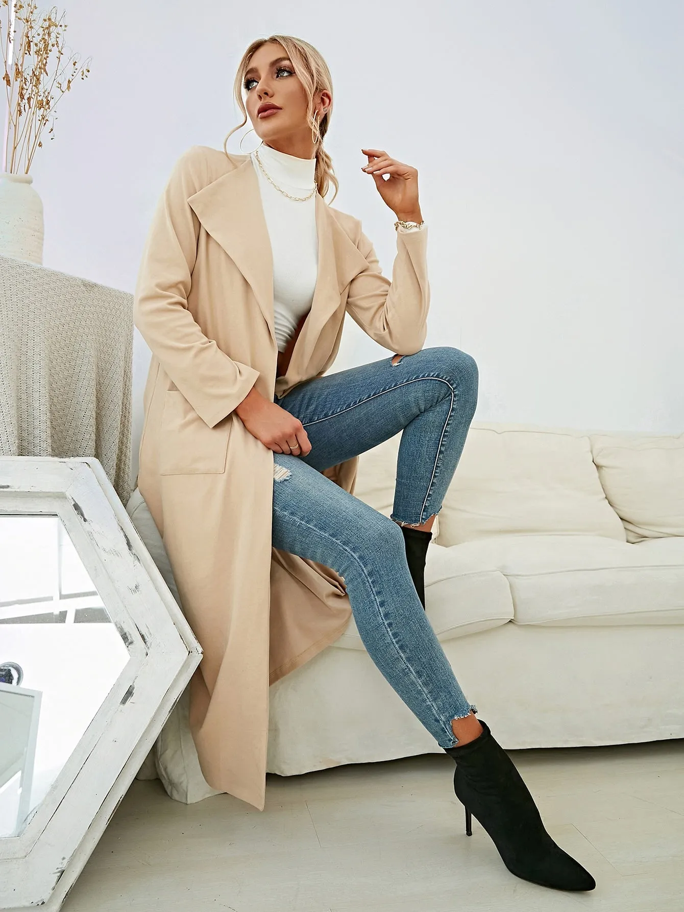 Casual Plain Pocket Long Sleeve Waterfall Long Women Coat