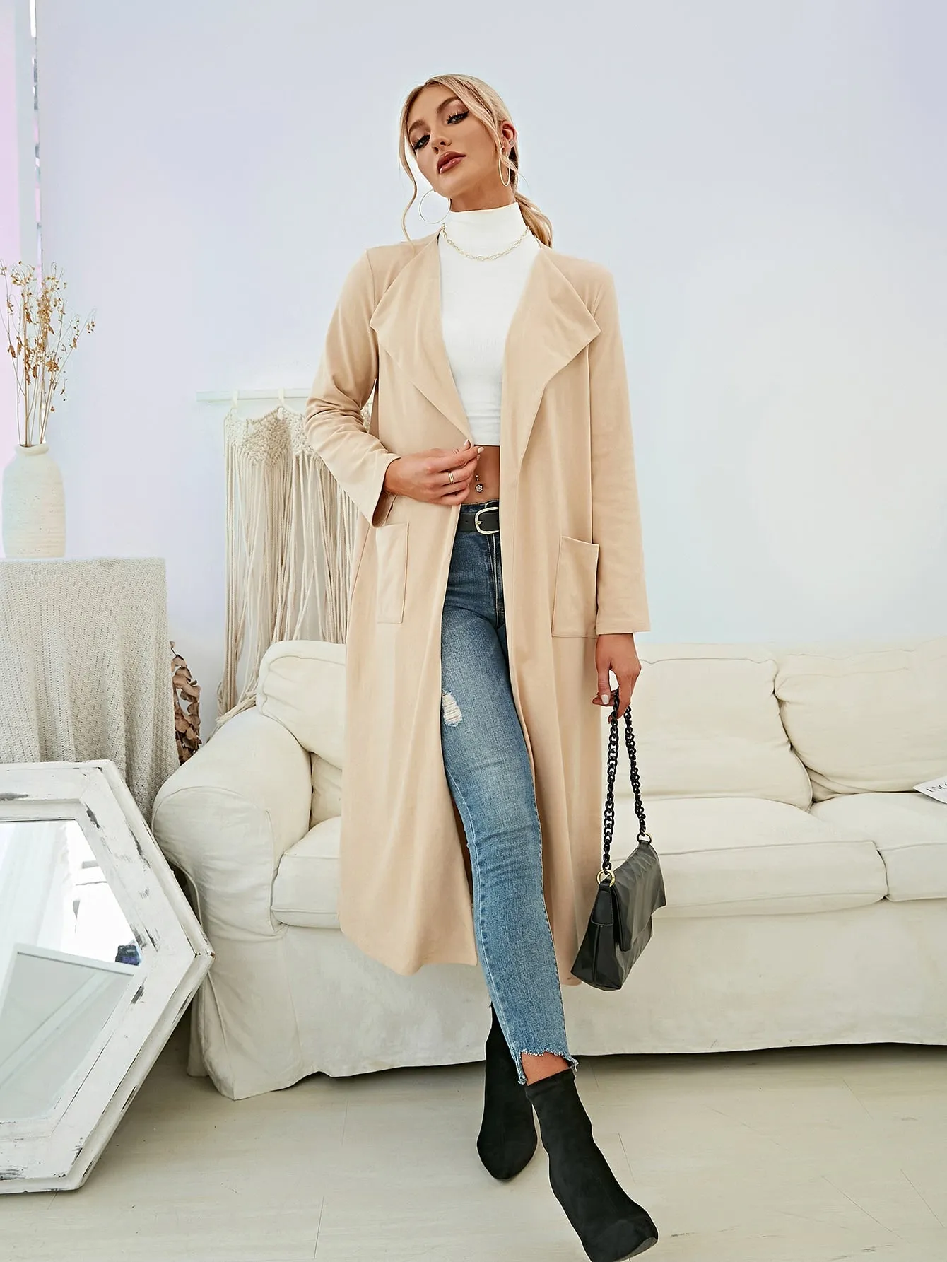Casual Plain Pocket Long Sleeve Waterfall Long Women Coat