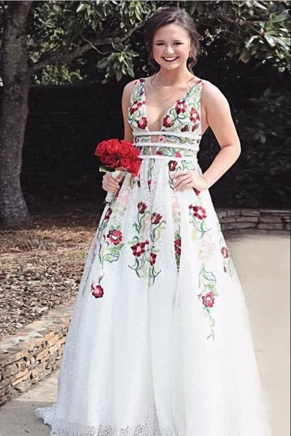 Charming V neck A Line Prom Dress with Embroidery, Open Back Evening Dress T1448