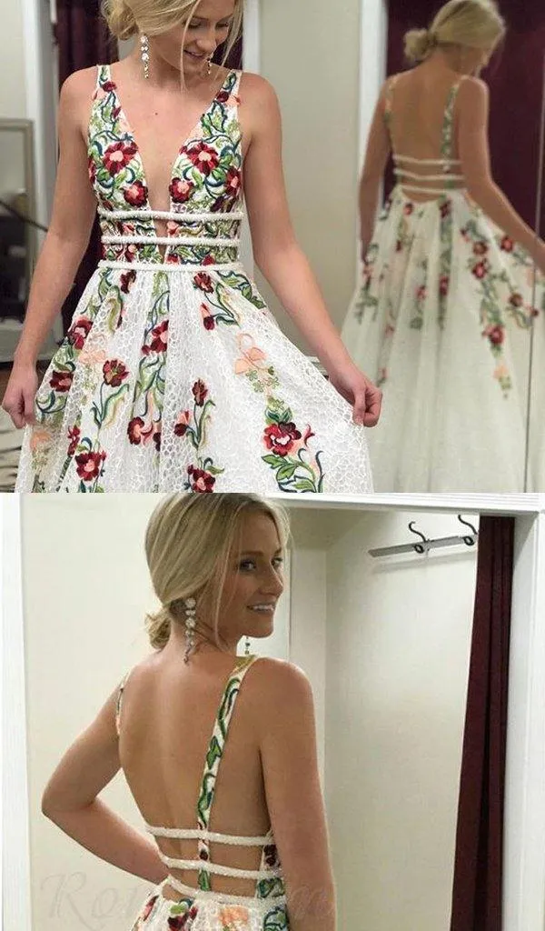 Charming V neck A Line Prom Dress with Embroidery, Open Back Evening Dress T1448