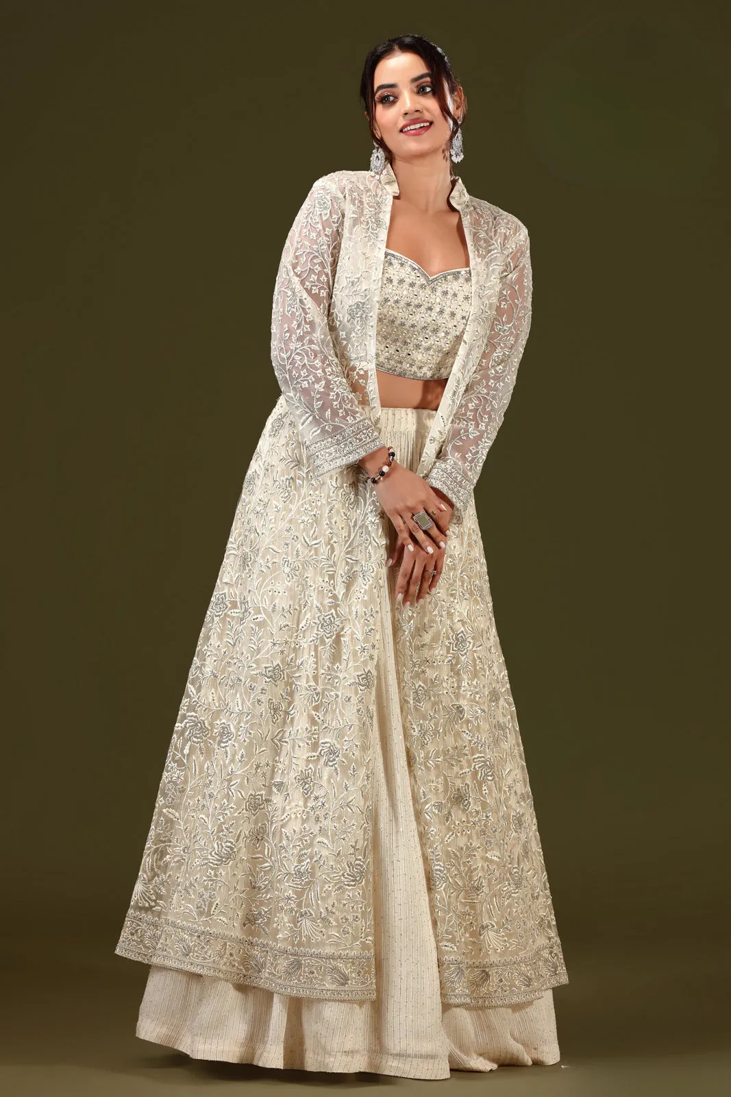 Long Cream Stone Overcoat Styled Crop Top Lehenga with Mirror and Embroidery Work