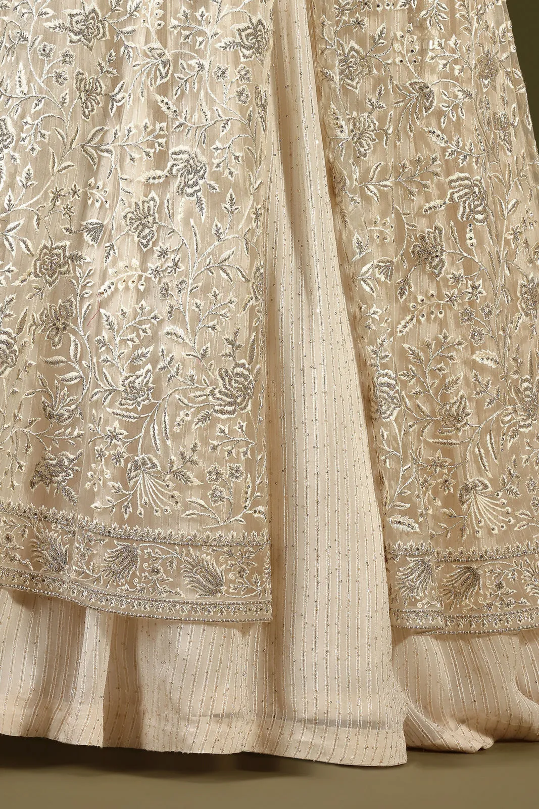 Long Cream Stone Overcoat Styled Crop Top Lehenga with Mirror and Embroidery Work
