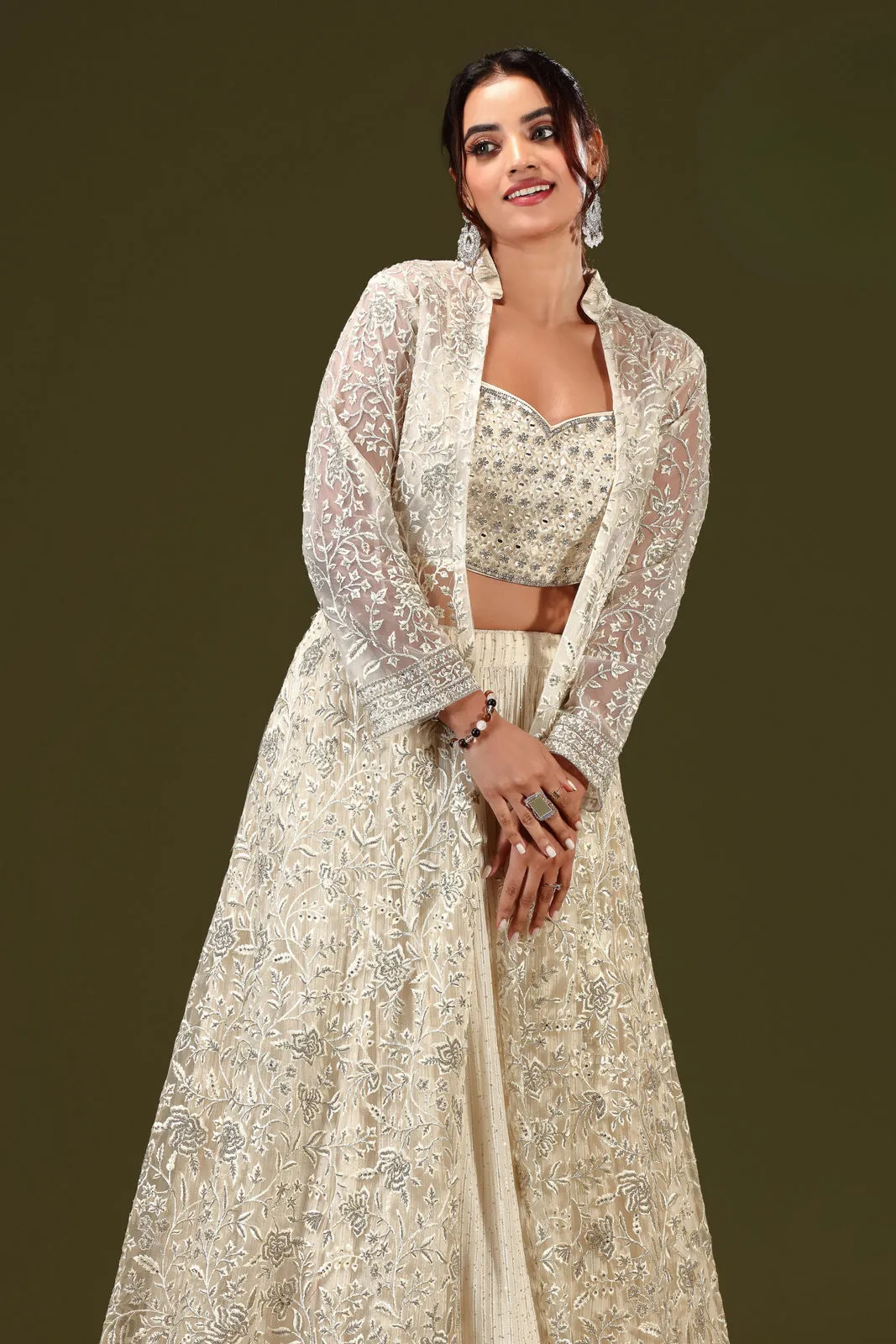 Long Cream Stone Overcoat Styled Crop Top Lehenga with Mirror and Embroidery Work