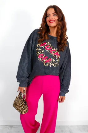 Dont Kiss Me - Acid Wash Fuchsia Leopard Lips Graphic Sweatshirt