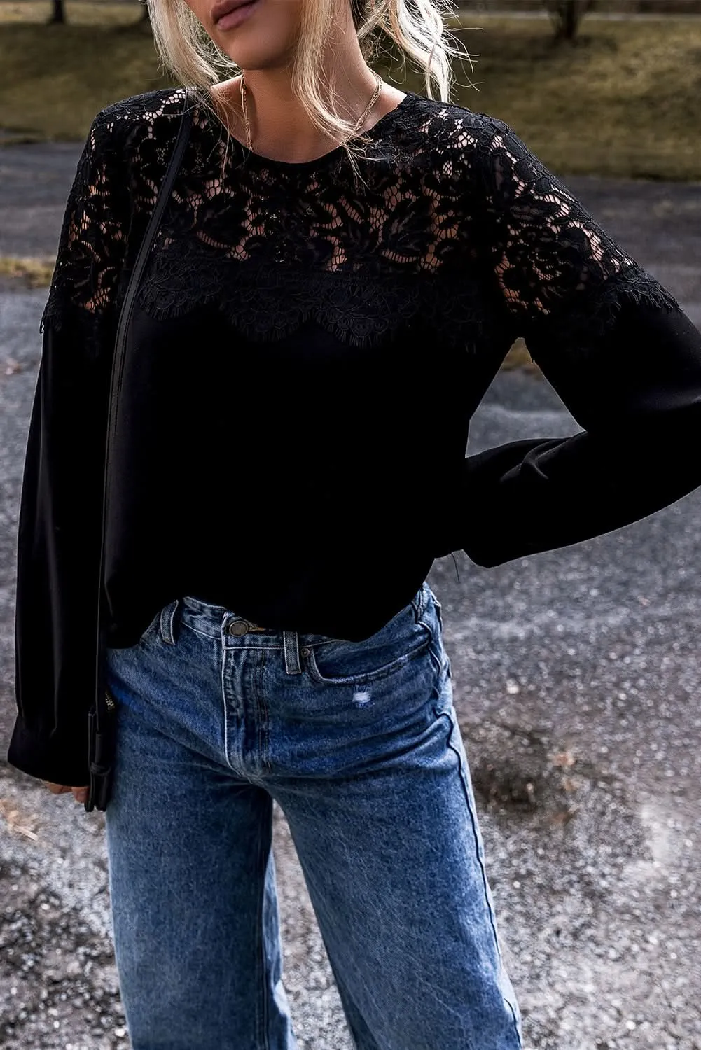 Elegant black lace long sleeve top
