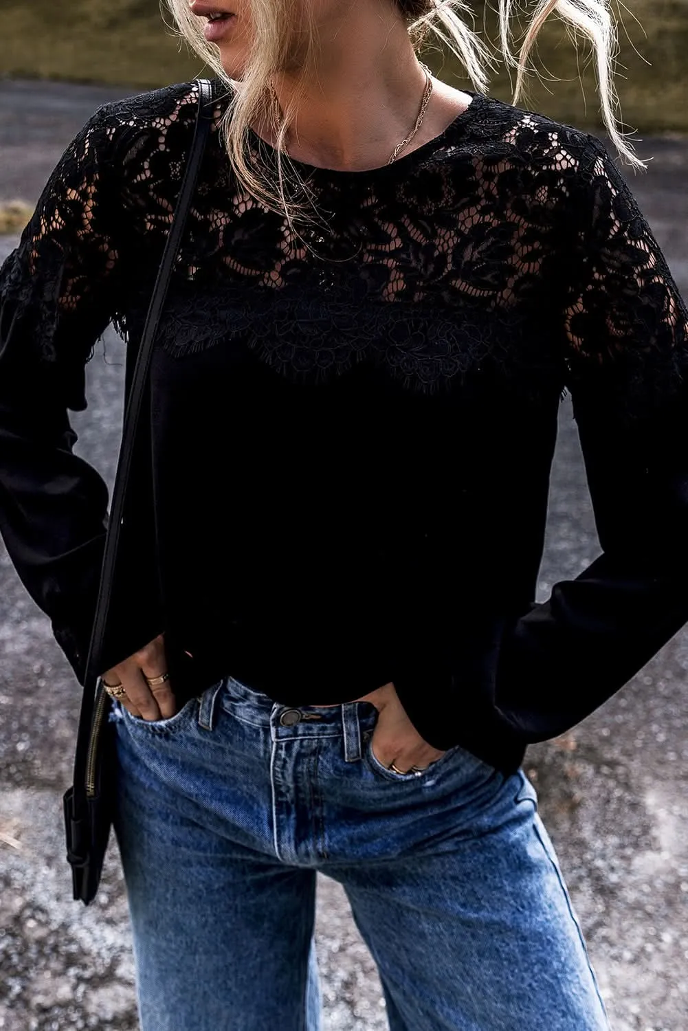 Elegant black lace long sleeve top