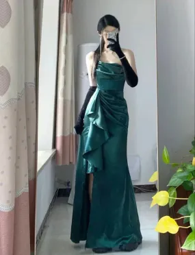 Elegant Formal Women's Dresses Green Long Satin Prom Dresses Evening Birthday Outfits No With Gloves